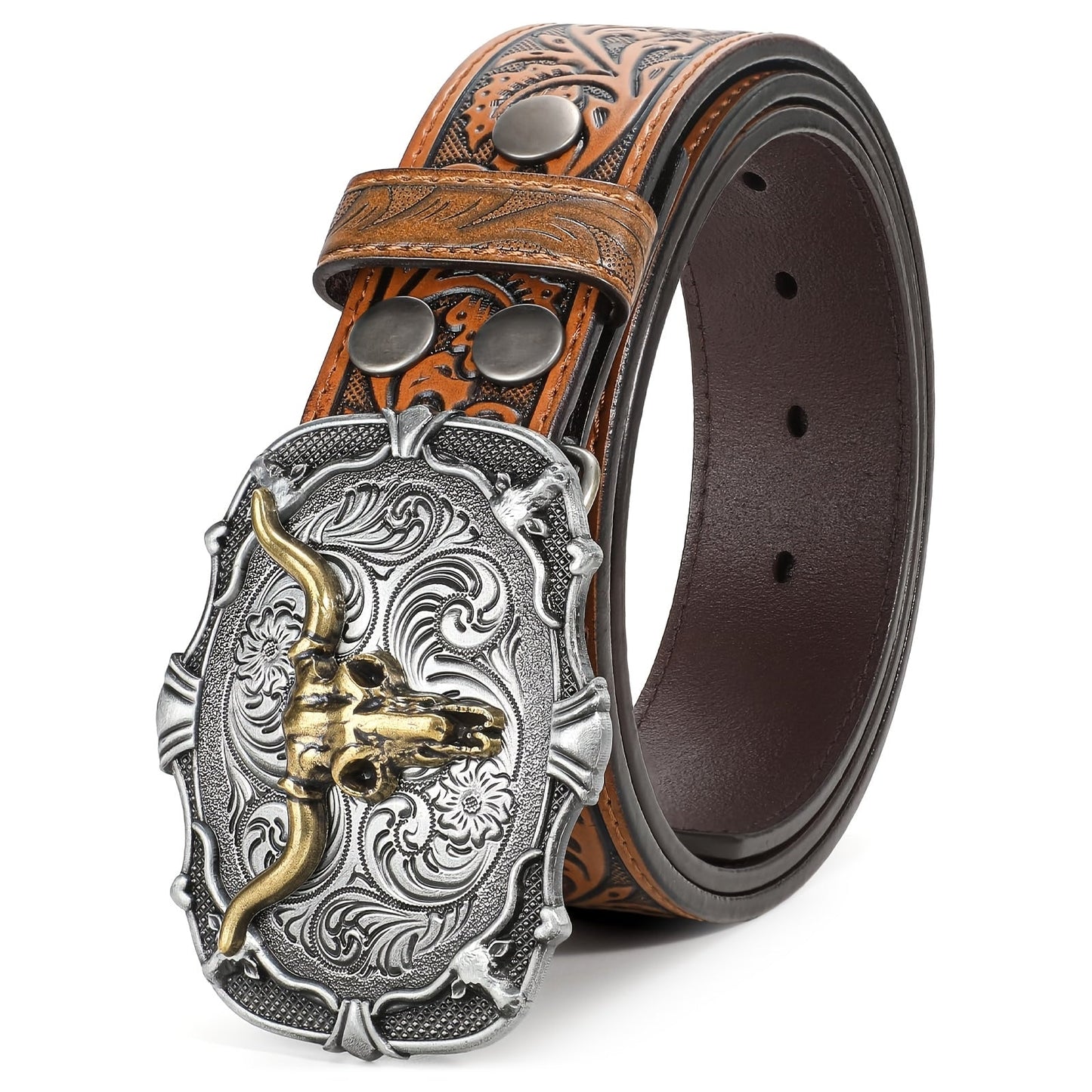 Vintage Engraved Western Belt with Bullhead Buckle - Adjustable Distressed Leather Cowboy Waistband for Men and Women, Country Music Festival Rodeo Accessories, Black Brown Coffee
