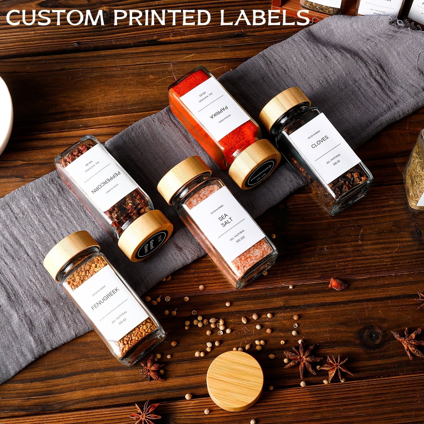 Glass Spice Jars with Bamboo Lids, Labels & Collapsible Funnels – 4oz Seasoning Storage Bottles for Spice Rack, Pantry, Cupboard & Drawer – 15, 24 or 36-Piece Set for Kitchen Organization