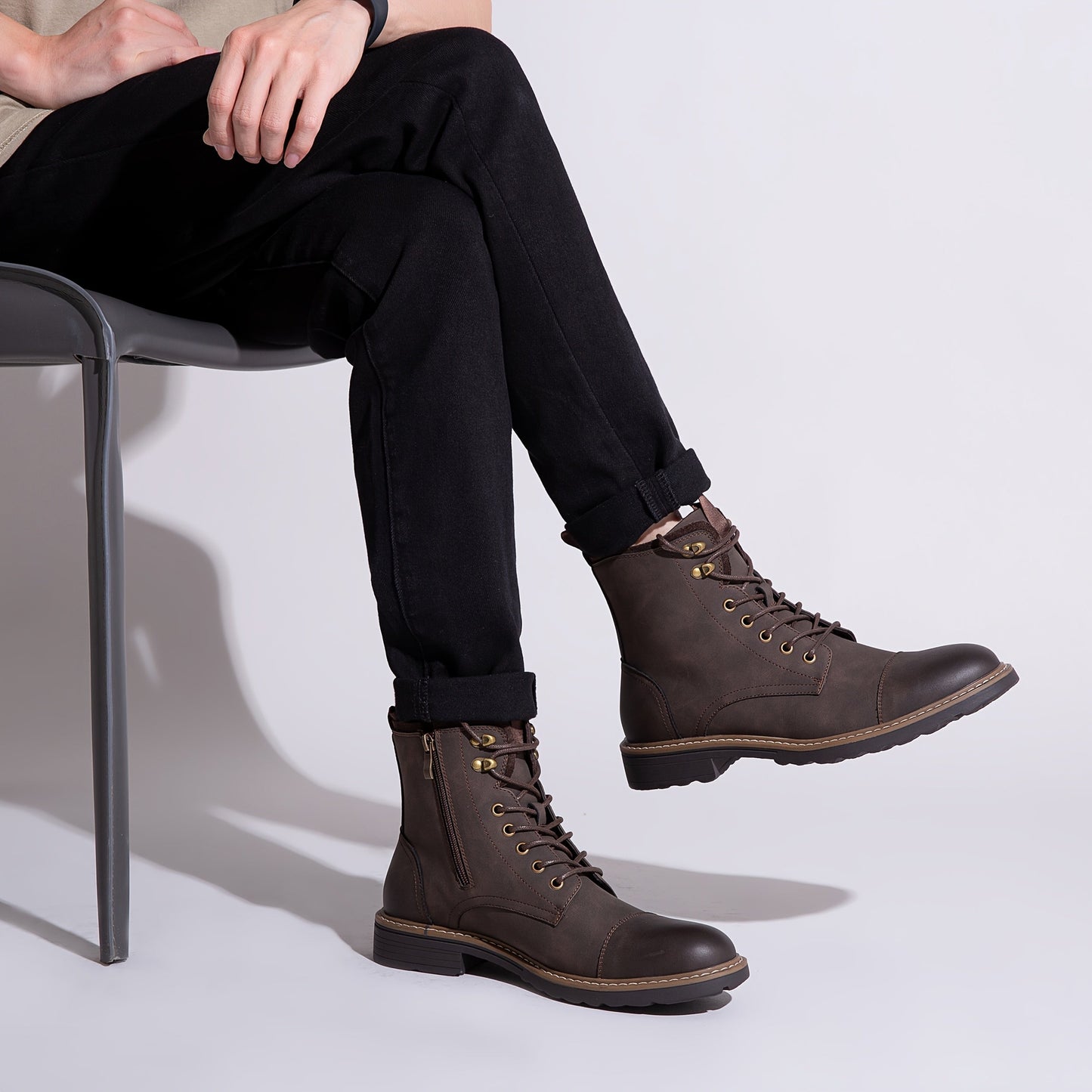 Men's Motorcycle Chukka Boots – Zipper & Lace-Up Genuine Leather Casual Fashion Boots with Non-Slip Sole, Cap Toe, Breathable Cushioned Insole, Black & Brown | Velora