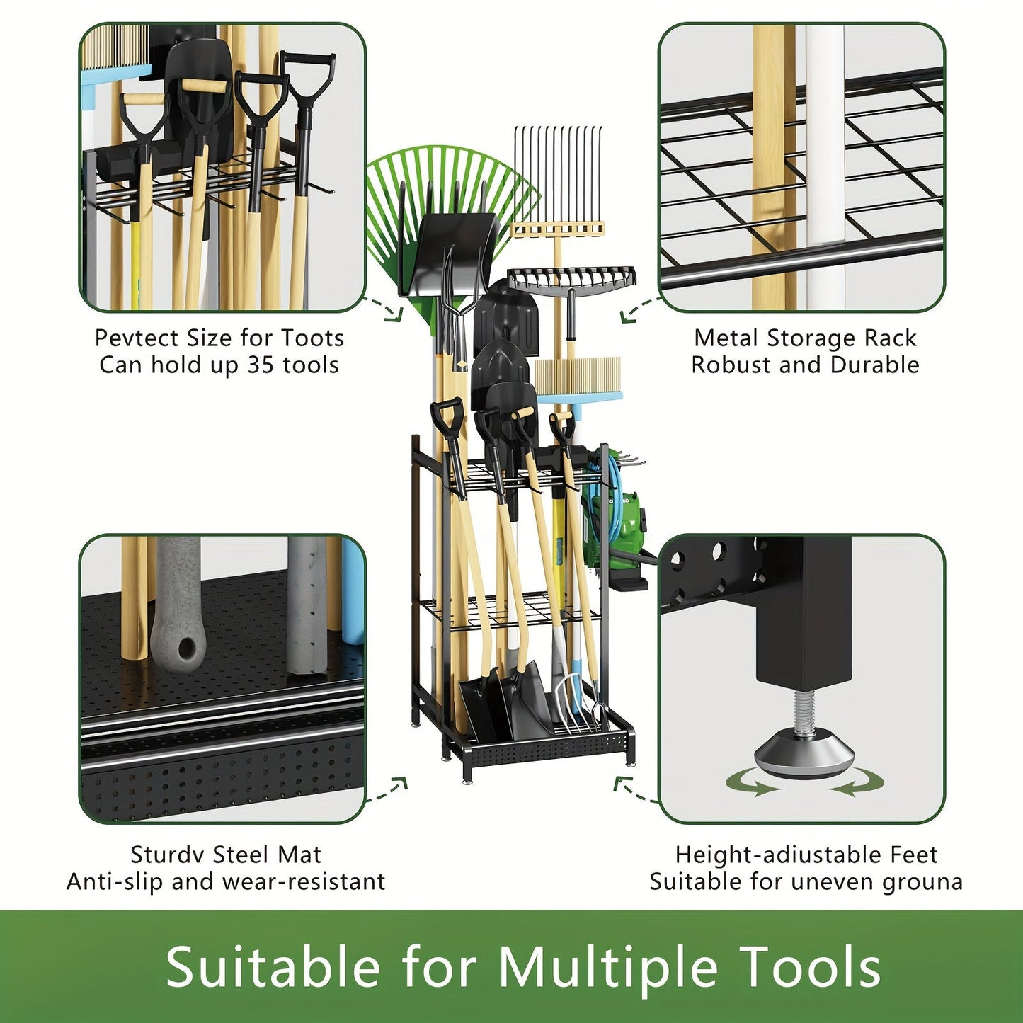 Garden Tool Organizer for Garage Heavy Duty Metal Rack with Hooks – Freestanding Yard Tool Stand Holder for Long-Handled Brooms, Shovels, Rakes & Outdoor Tools, Black Storage Rack
