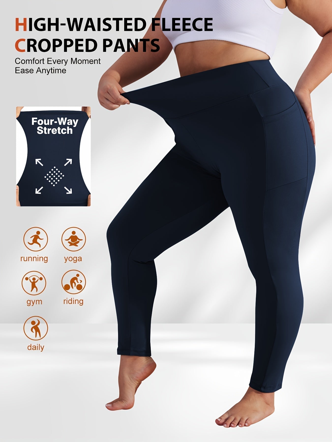 Women's Plus Size Yoga Pants with Pockets – High-Waist Fleece-Lined Warm Leggings for Fall & Winter, Tight-Fitting Elastic Sports Base Layer Pants, Sizes 1XL-5XL in Black, Gray, Burgundy & Navy