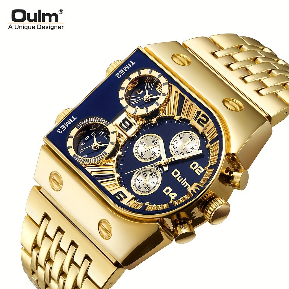Oulm Men's Multi Time Zone Large Dial Stainless Steel Band Business Quartz Watch Dual Display Black Blue Gift for Him
