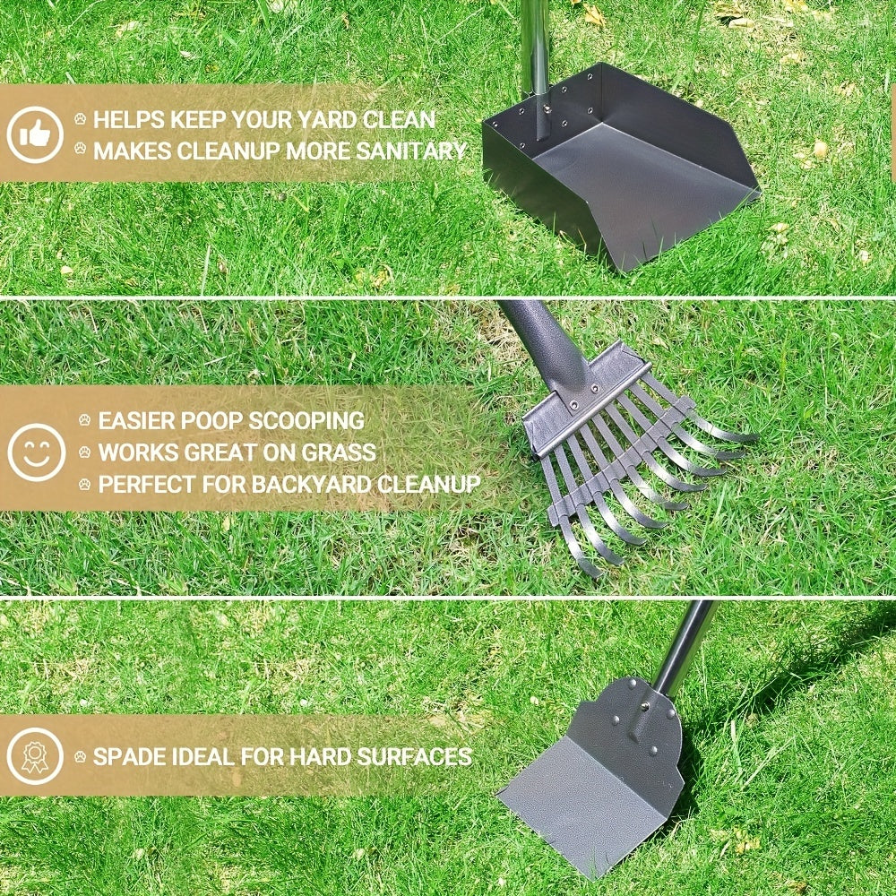 Stainless Steel Dog Pooper Scooper Set with Adjustable Long Handle – Rust-Proof Tray & Rake Pet Waste Removal Tool, No Bending, Easy to Clean, Ideal for All Dog Breeds, Outdoor Yard & Grass Use