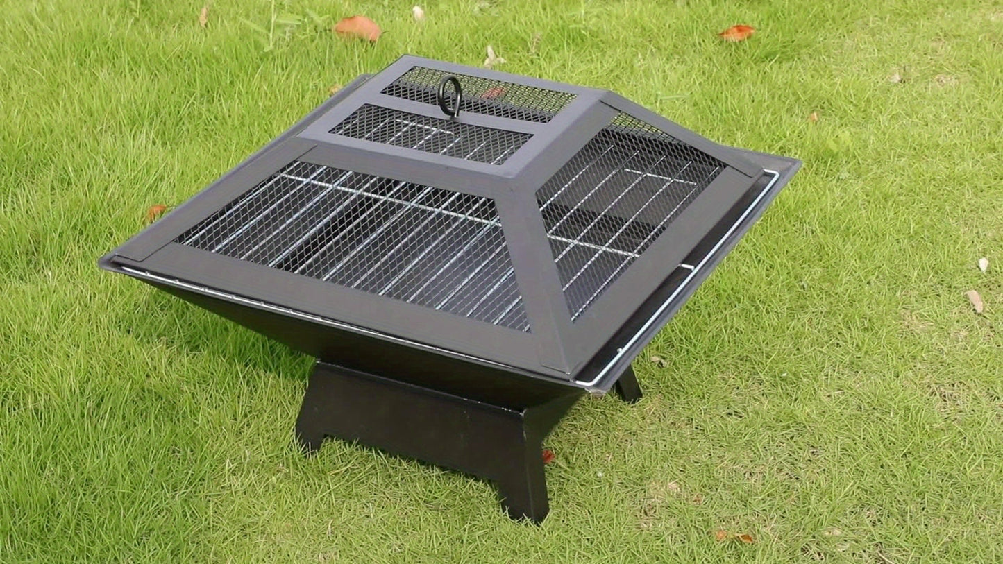 Outdoor Fire Pit 18.5 Inch Heavy-Duty Wood Burning Bowl with BBQ Grill Grate, Ash Collector, Fireproof Cover & Charcoal Hook – Backyard Patio Heater for Camping, Picnics & Gatherings