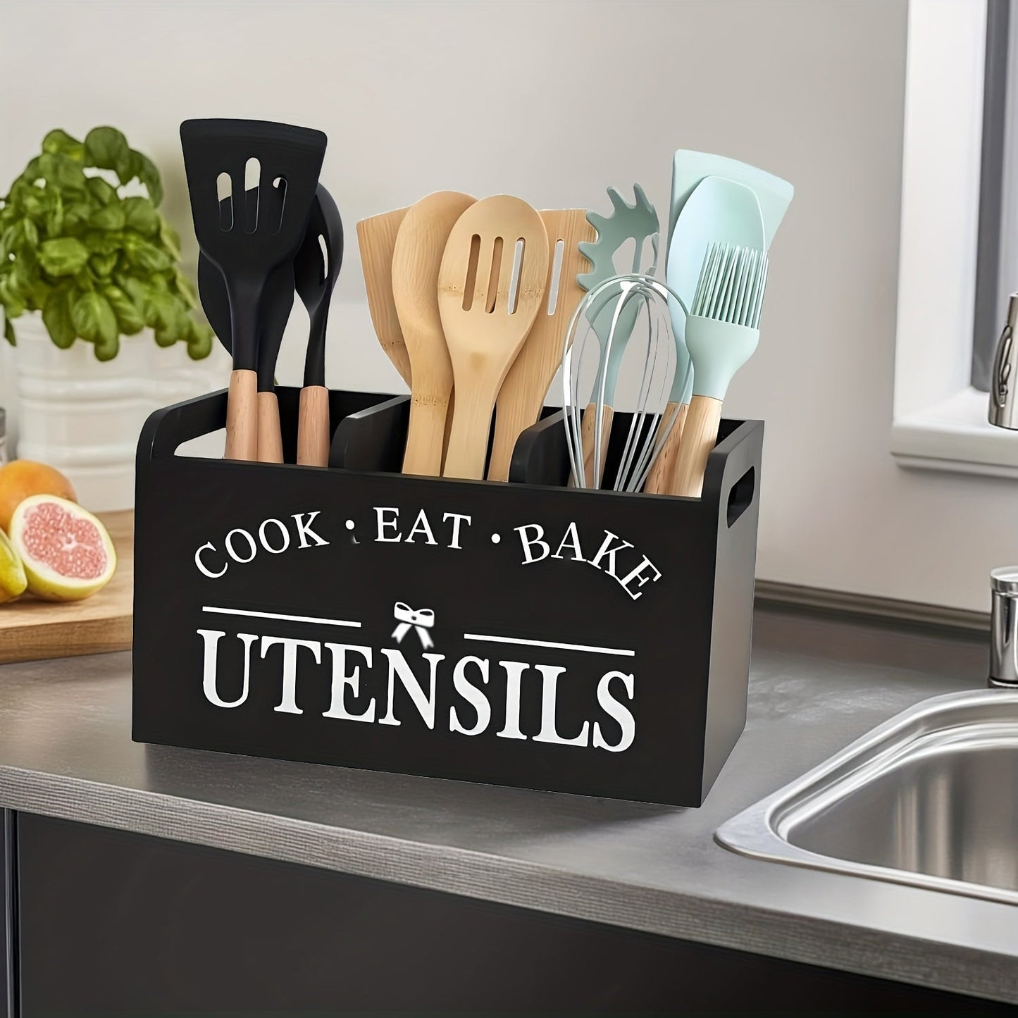 Rustic Wooden Kitchen Utensil Organizer with Handle & 3 Compartments – Countertop or Wall Mount Caddy for Cooking, Dining & Baking Tools – Farmhouse Kitchen Storage in White & Black