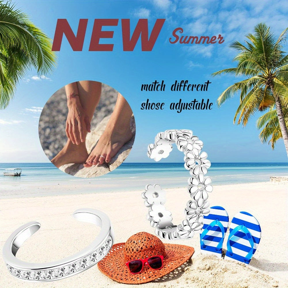925 Sterling Silver Adjustable Toe Ring Set 4pcs for Women - Daisy Flower CZ Cubic Zirconia Open Band Rings Lightweight 6g Boho Beach Jewelry for Finger Thumb Tail Toe, Party Vacation Gift