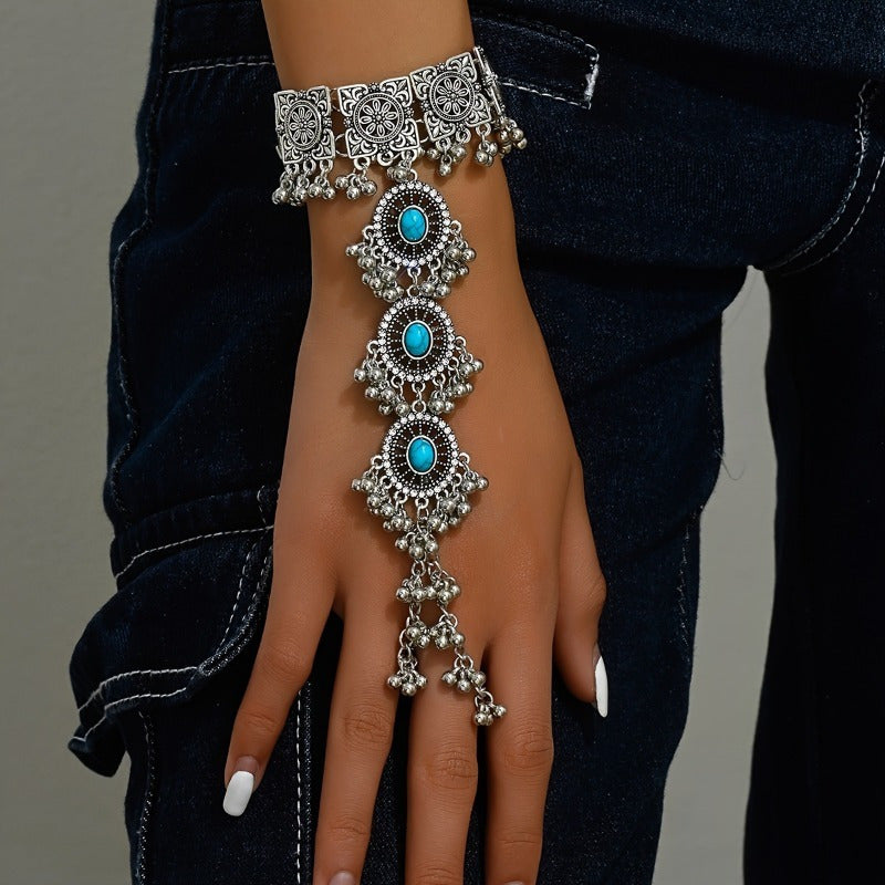 Turquoise Mitten Bracelet – Vintage Bollywood Boho Gemstone Hand Chain Jewelry for Women, Available in Turquoise & Created Emerald, Perfect for Festivals, Weddings & Everyday Boho Wear