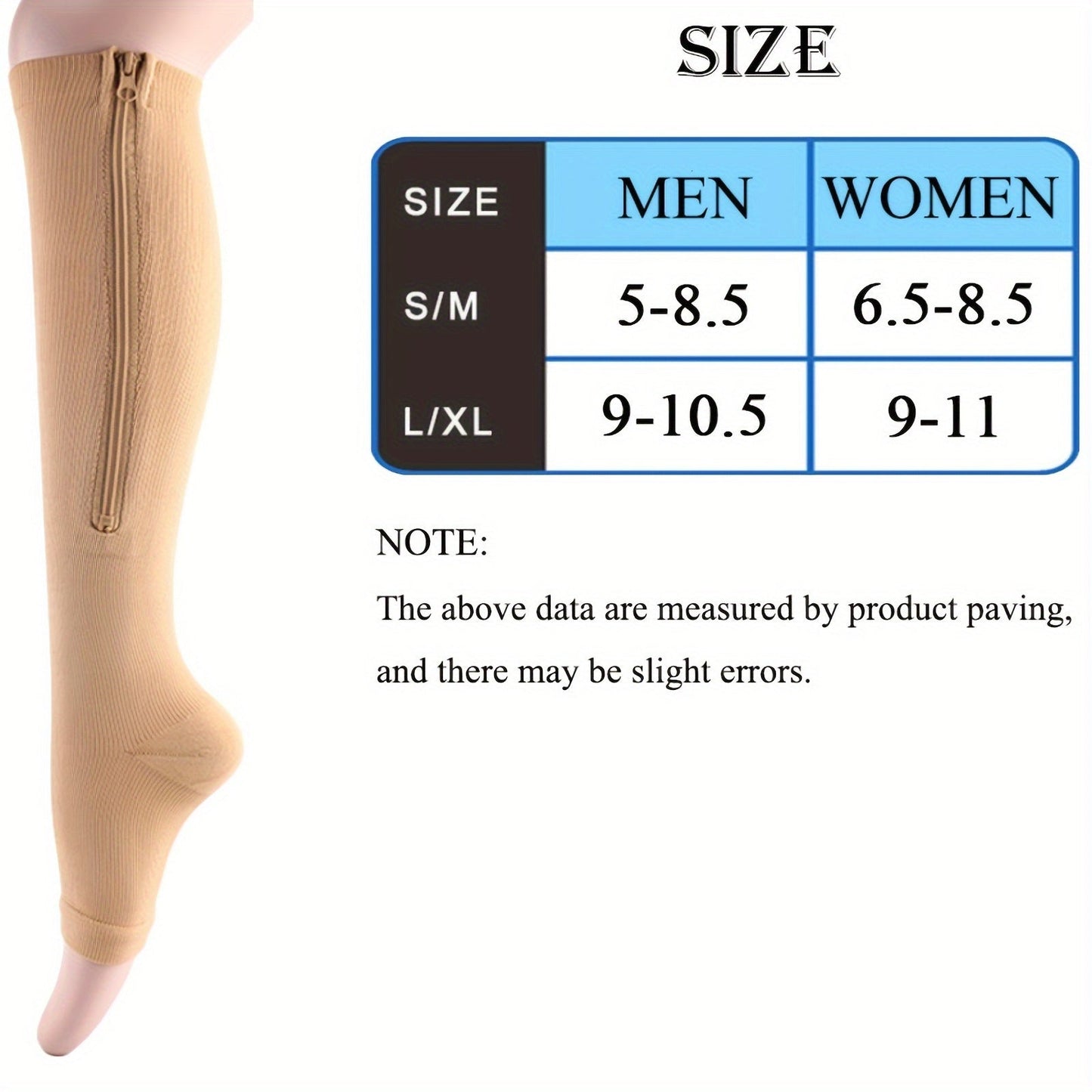 Zipper Compression Socks with Side Zipper for Men & Women – Easy On Off Breathable Support Socks for Tired Swollen Feet, 50% Nylon 50% Polyester, Black & Light Beige, S/M & L/XL
