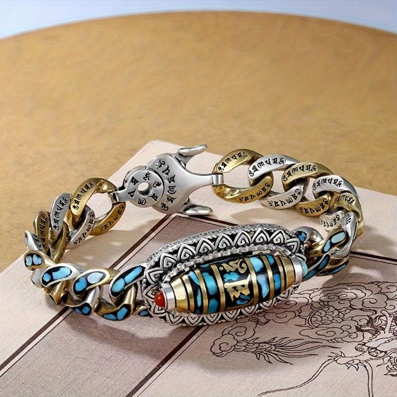 Men's Stainless Steel Chain Bracelet with Turquoise Beads – Cool Unique Boho Wrist Jewelry for Guys, Streetwear Accessory, Casual & Fashion Statement Bracelet