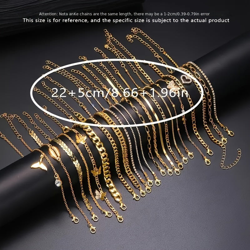 22-Pack Butterfly Tail Pendant Metal Anklet Set for Women Fashionable Elegant Layered Ankle Chain Jewelry for Daily Wear Parties Beach Holiday Gift for Her