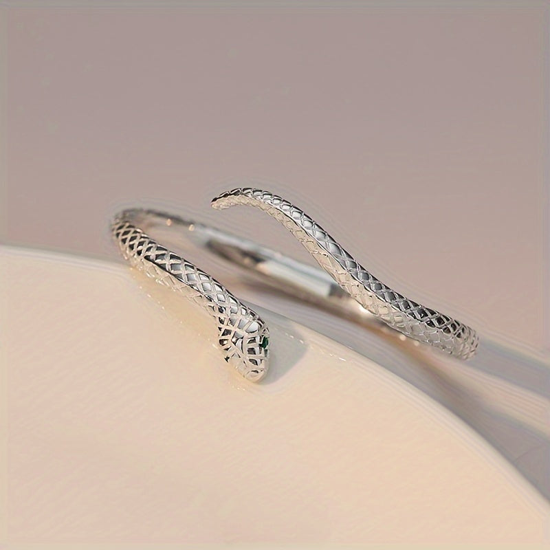 925 Sterling Silver Snake Cuff Bracelet Adjustable Hypoallergenic Green Zirconia Eyes Floral Accents Zodiac Snake Retro Punk Style Jewelry Gift
