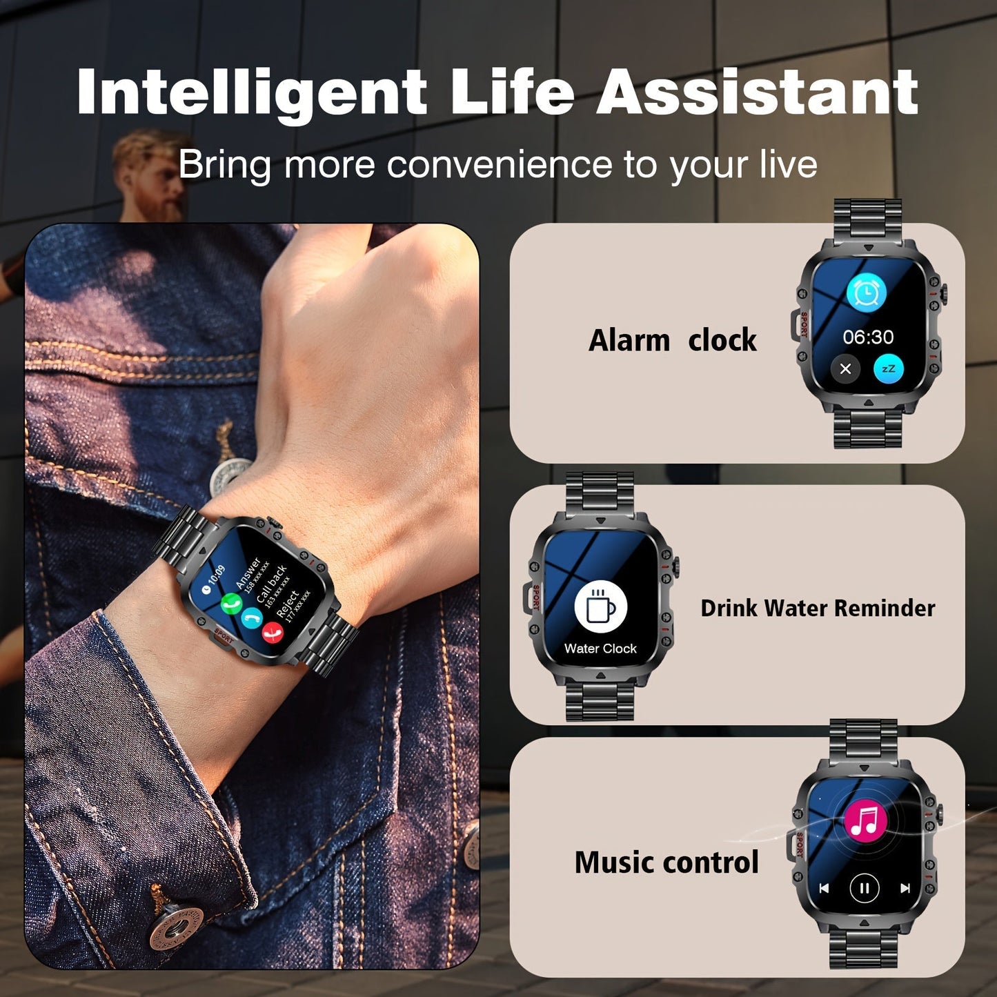 Men's Outdoor Smart Watch 1.81 Inch HD Touchscreen Wireless Calling LED Multiple Sports Modes USB Charging Fitness Tracker Compatible with Android iPhone Silicone Stainless Steel Band Black Gold