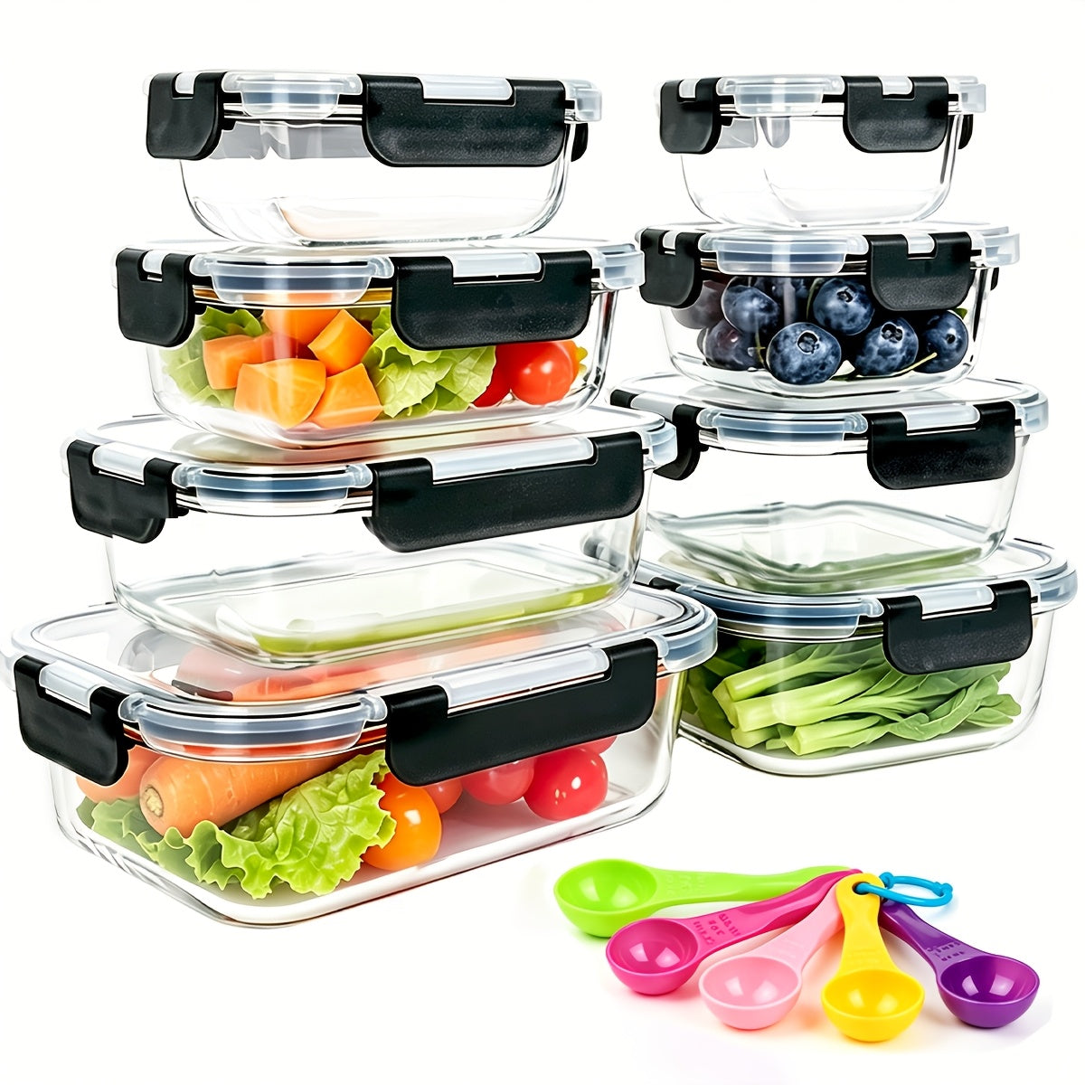 Glass Food Storage Containers with Lids 16-Piece Set (8 Containers + 8 Lids), Airtight Meal Prep Containers Microwave Oven Freezer Safe, Lunch Boxes for Salads Fruits Vegetables Sandwiches Leftovers