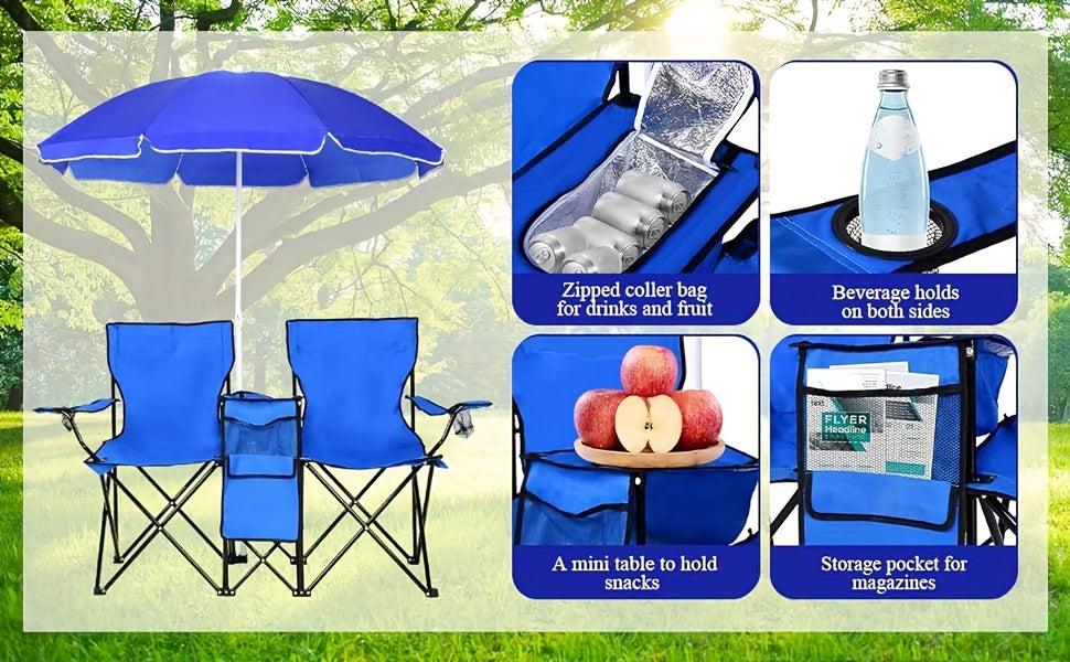 2-Person Folding Beach Chair Set with Umbrella, Table & Cooler Bag – Compact Collapsible Picnic Chair for Beach, Camping & Outdoor Outings, 270 lb Capacity Per Seat