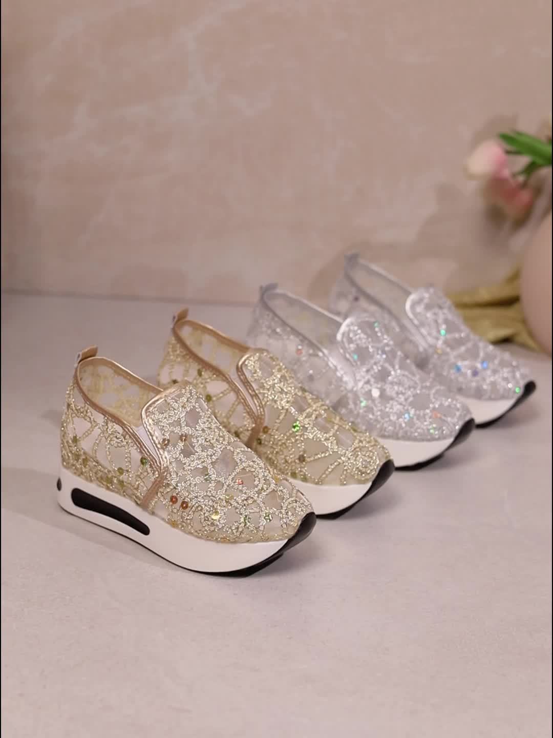 Women's Glitter Sneakers Thick Heel Height-Increasing – Breathable Net Perforated Shock-Absorbing PU Sole All-Season Casual Sporty Shoes, 3 Colors, US Sizes 6–11.5