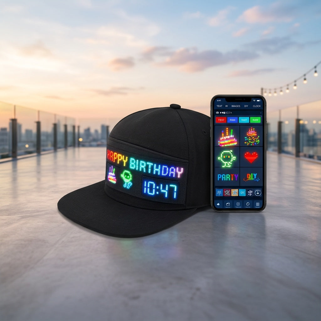 Programmable LED Light-Up Baseball Cap – Bluetooth App Scrolling Text & Animation, Rechargeable Flashing Hat for Parties Music Festivals Night Runs, Adjustable Teens Gift