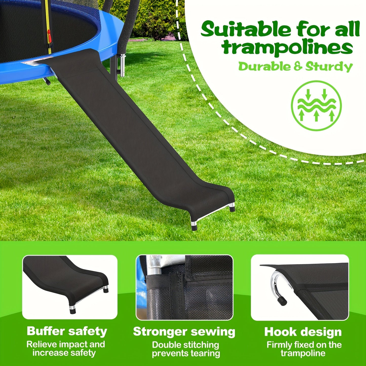 Trampoline Ladder and Slide Kit 2-Step Wide Safety Stairs Tear-Resistant Slide PE Galvanized Steel Universal Trampoline Accessories for Kids Adults Ages 14 Plus Outdoor Backyard Play