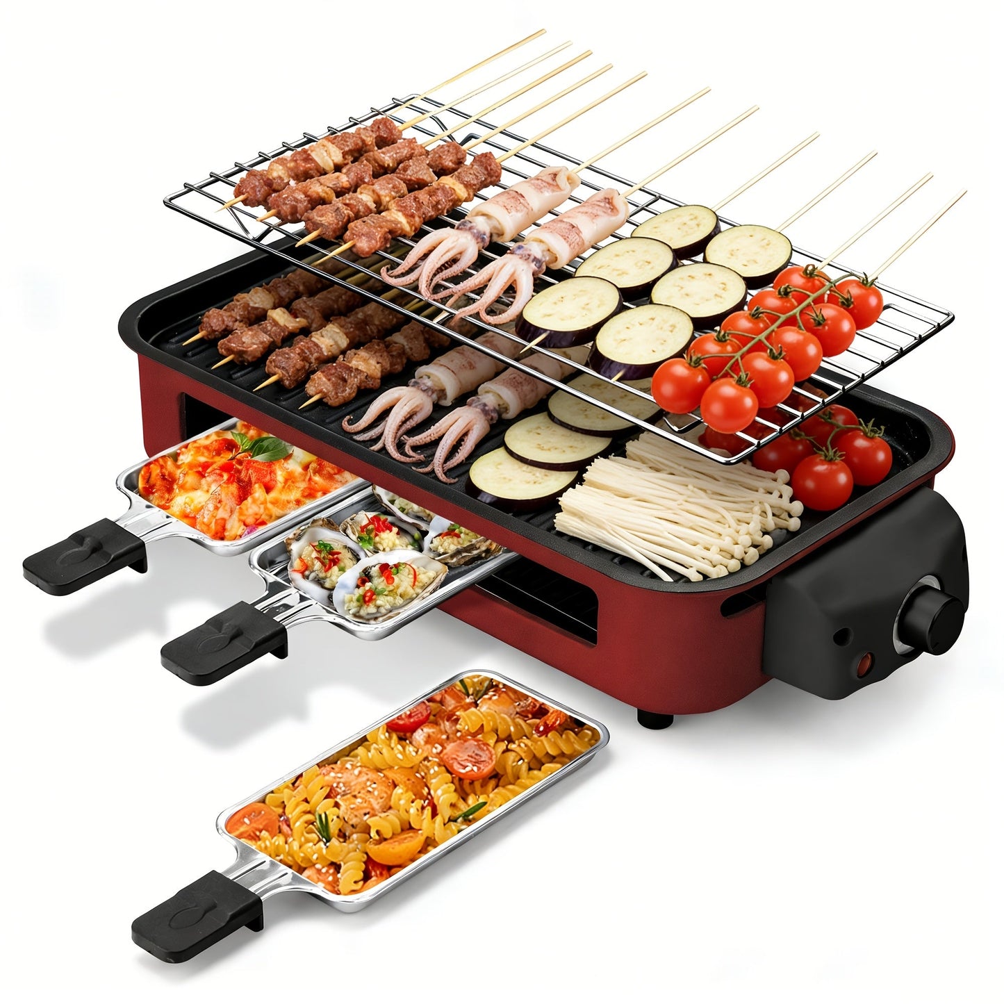 Indoor Electric Smokeless Grill with Raclette – 1700W Non-Stick BBQ Griddle, 3 Raclette Pans, Dishwasher Safe Stainless Steel, Adjustable Temp, Perfect for Home Cooking & Entertaining