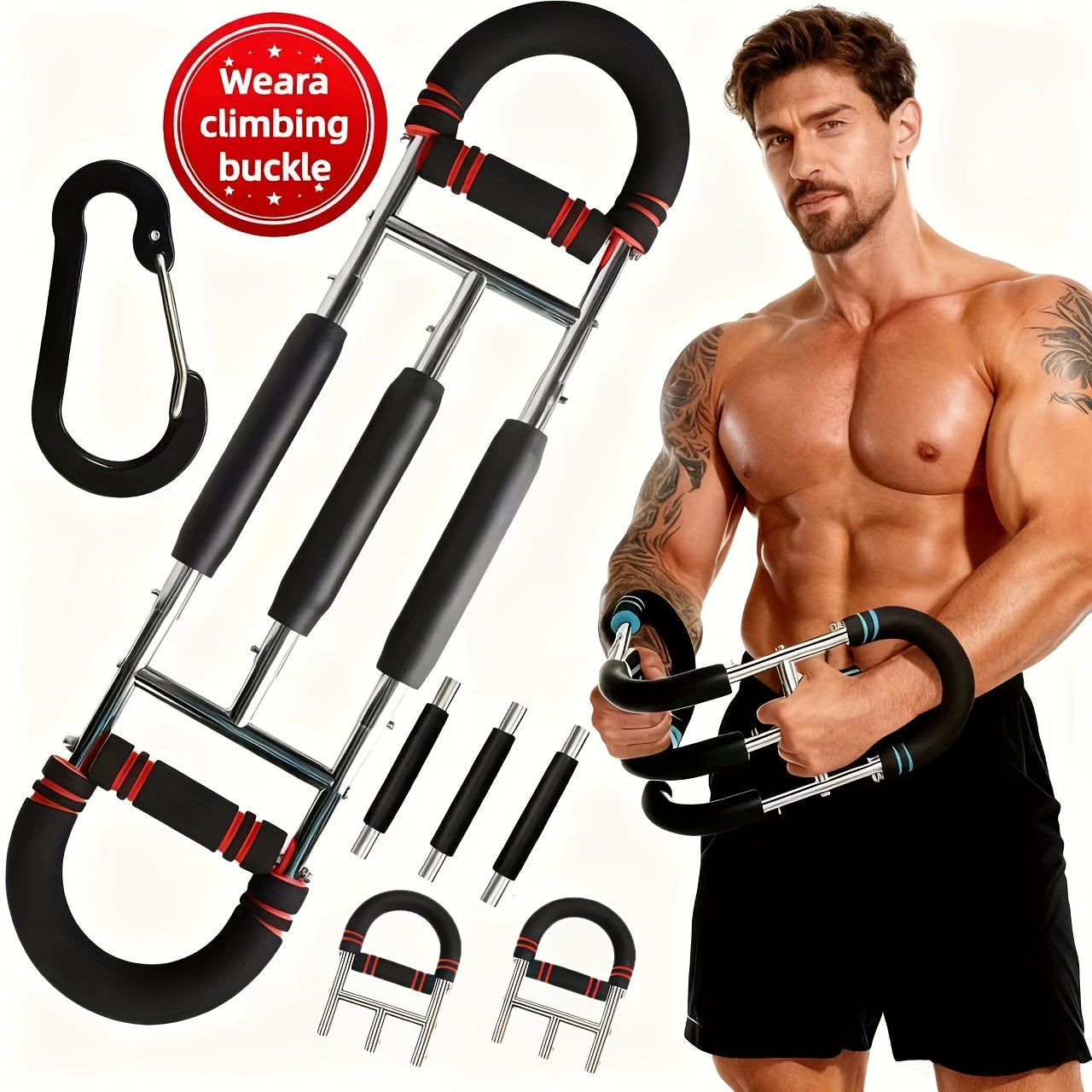 Adjustable Spring Exercise Bar 3-Speed Resistance Arm Trainer for Forearm Triceps Chest Strength, Detachable Portable Home Gym Fitness Equipment, Upper Body Muscle Builder - Black Mini, Red 3-Tube, Blue Reinforced