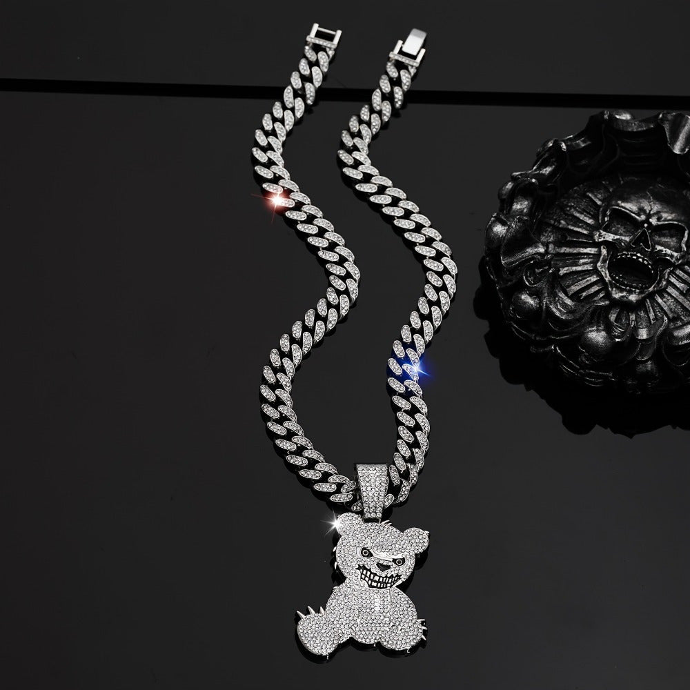 Hip Hop Bear Pendant Necklace 925 Silver Plated – Bold Streetwear Jewelry for Men & Women, 20-Inch Chain, Lightweight 1.4g, Perfect for Parties, Music Festivals & Daily Wear