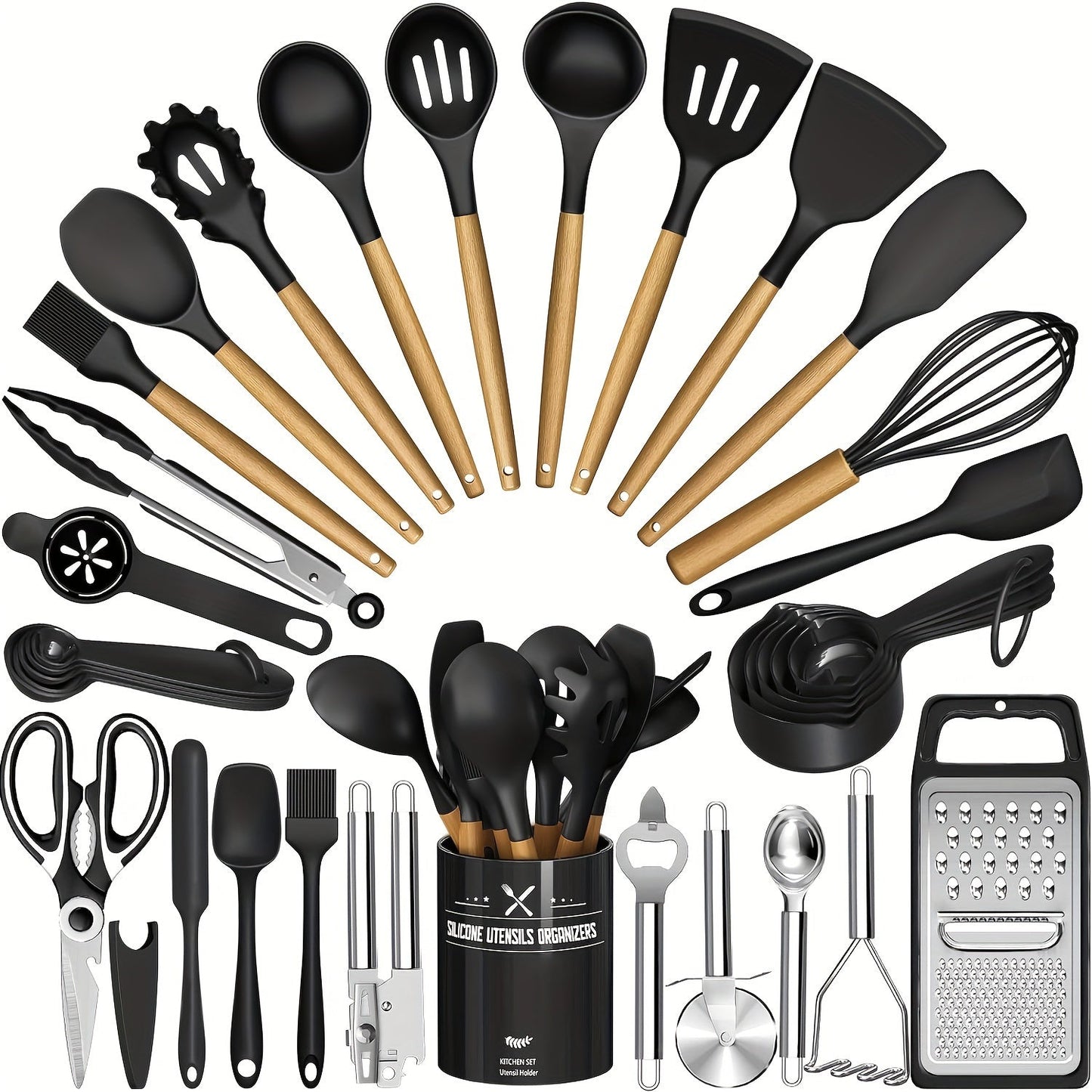 34-Piece Silicone Kitchen Utensils Set with Holder Wooden Handles | Heat Resistant Nonstick Safe Cooking Tools | Spatula Spoon Ladle Tongs Whisk | Khaki Black Gray | Father's Day Housewarming Gift
