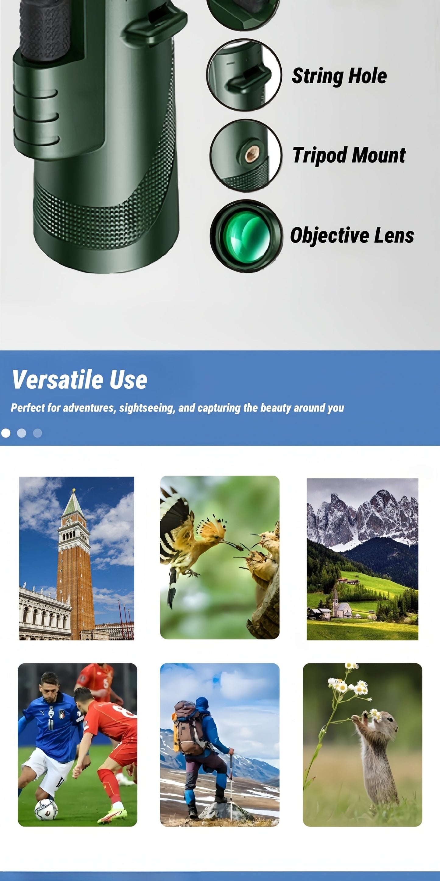 10x42 HD Monocular Telescope with Phone Adapter & Tripod – FMC Lens Compact Scope for Bird Watching, Wildlife, Hiking, Camping, Concerts & Sports – Black & Green, Christmas Gift
