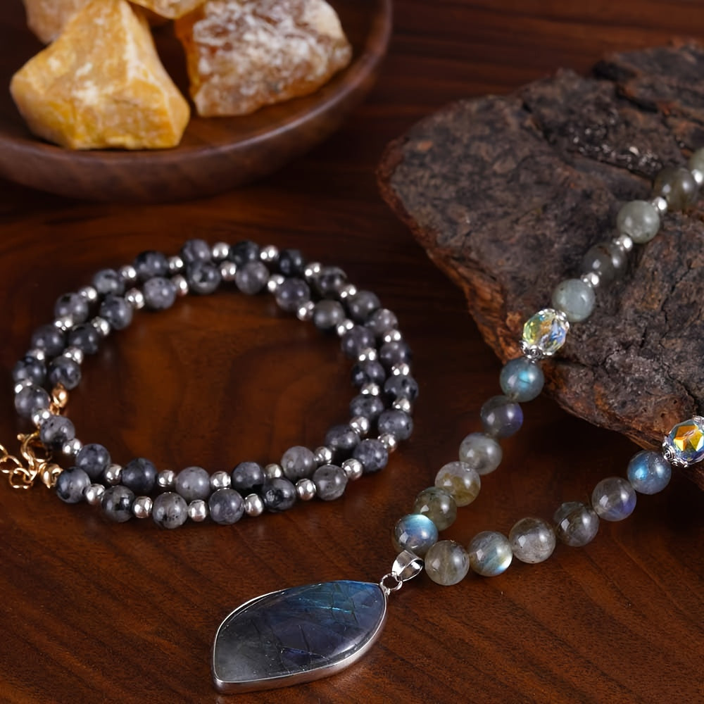 Labradorite & Moonstone Double Pendant Necklace Set 2pcs – Natural Stone Bohemian Jewelry with Aurora Borealis Effect, Spiritual Gift for Women, Teens, Mothers Day & Christmas