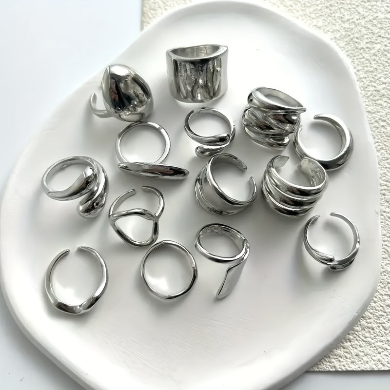 Irregular Geometric Wide Band Rings for Women – Boho Stackable Statement Silver Ring Set, Elegant Party Daily Wear Holiday Gift