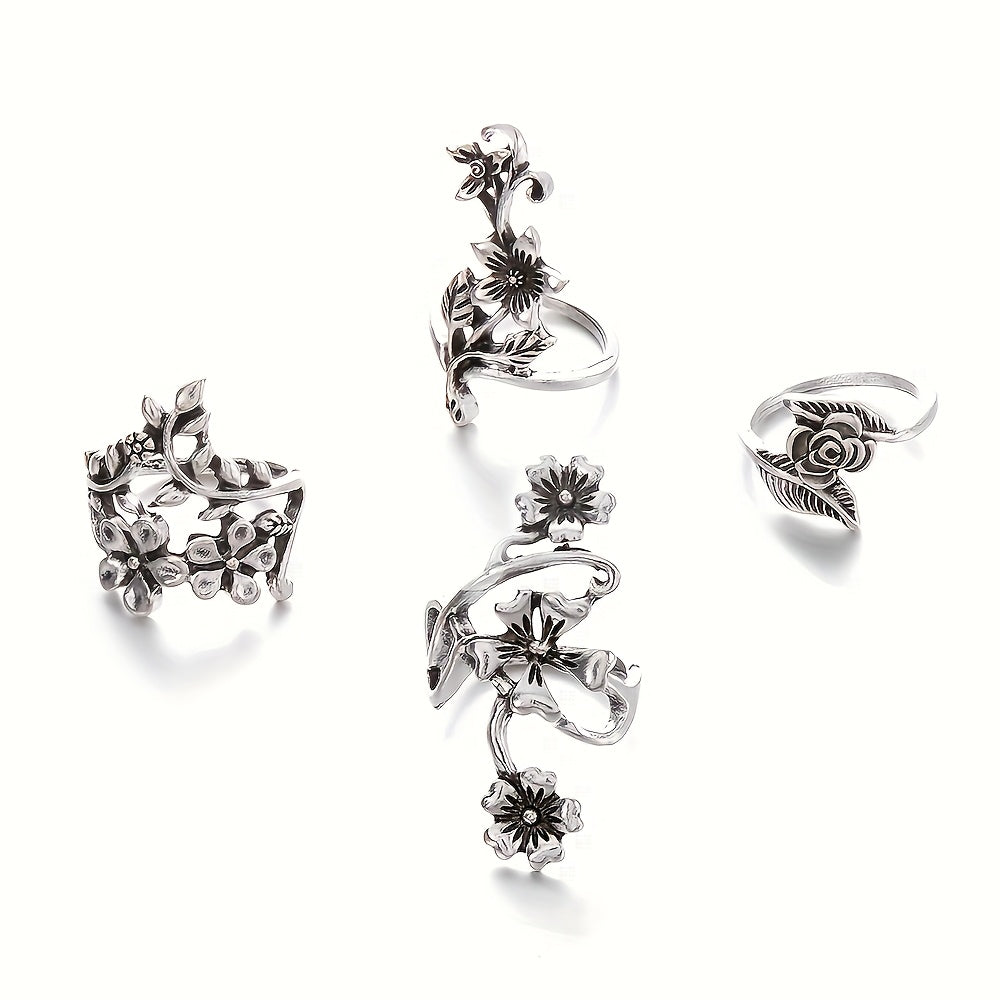 925 Sterling Silver Vintage Stackable Floral Ring Set for Women – 4 Piece Boho Stacking Rings, Elegant Minimalist Band Jewelry, Perfect Gift for Her Birthday Anniversary Christmas