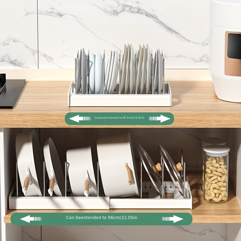Adjustable Pots and Pans Organizer Rack – Expandable Bakeware Organizer with Dividers & Pot Lid Holder, Under Cabinet or Countertop Kitchen Storage for Pots, Pans, Lids & Bakeware, White Metal