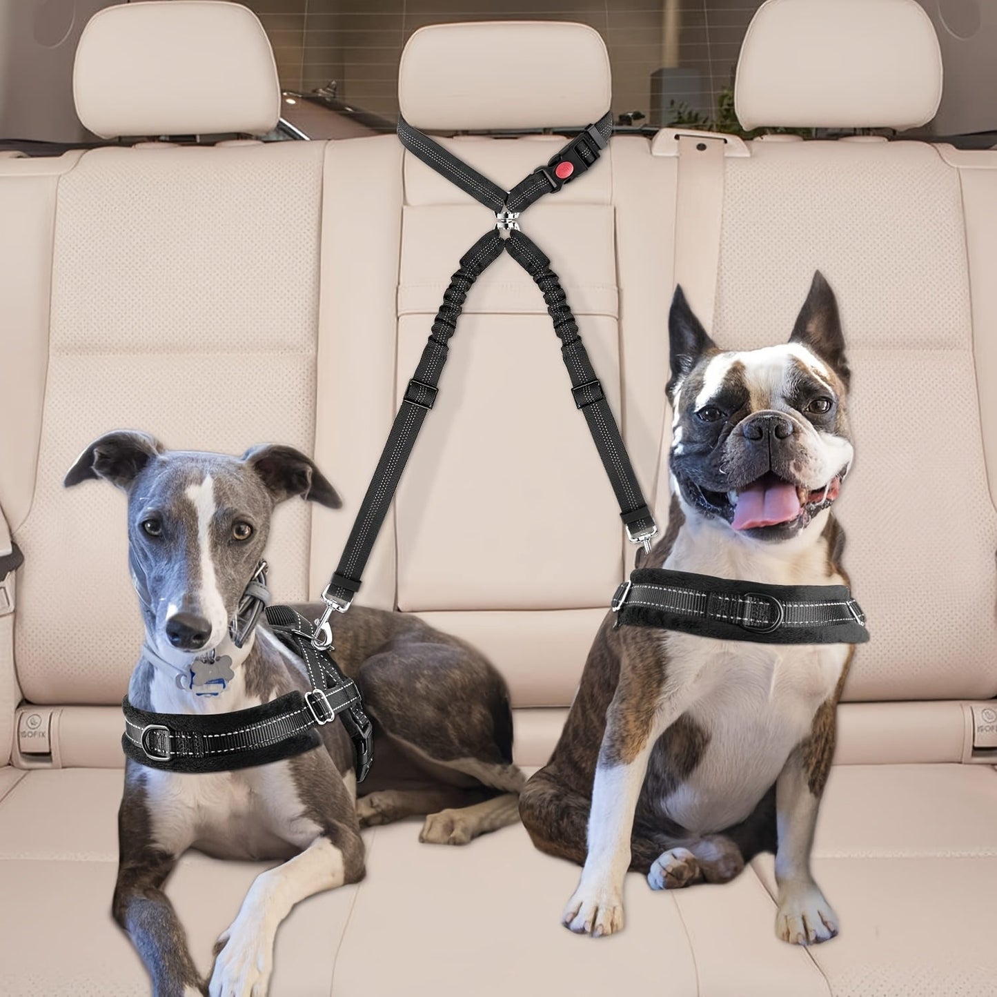 Dual Dog Car Seat Belt for 2 Dogs No-Tangle Headrest Restraint Adjustable Bungee Pet Safety Harness for Small Medium Large Dogs Car Travel