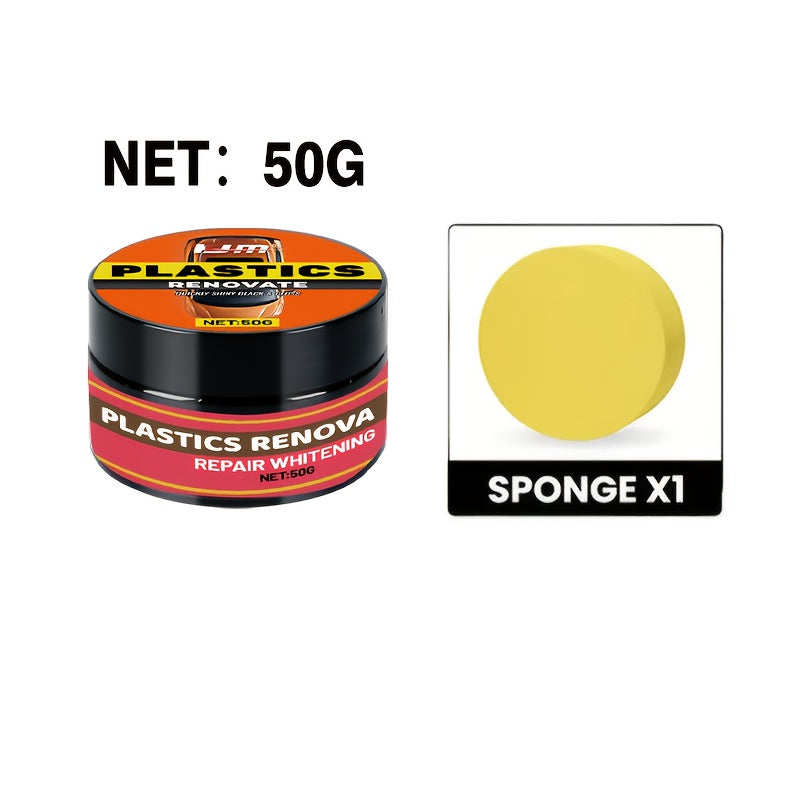 Car Plastic Restorer Kit with Sponge, Auto Interior Shine & Tire Protection Cream, Anti-Yellowing Plastic Renewal Paste for Dashboard, Bumper, Trim & Tires – Fast Refurbishment & Anti-Aging Formula
