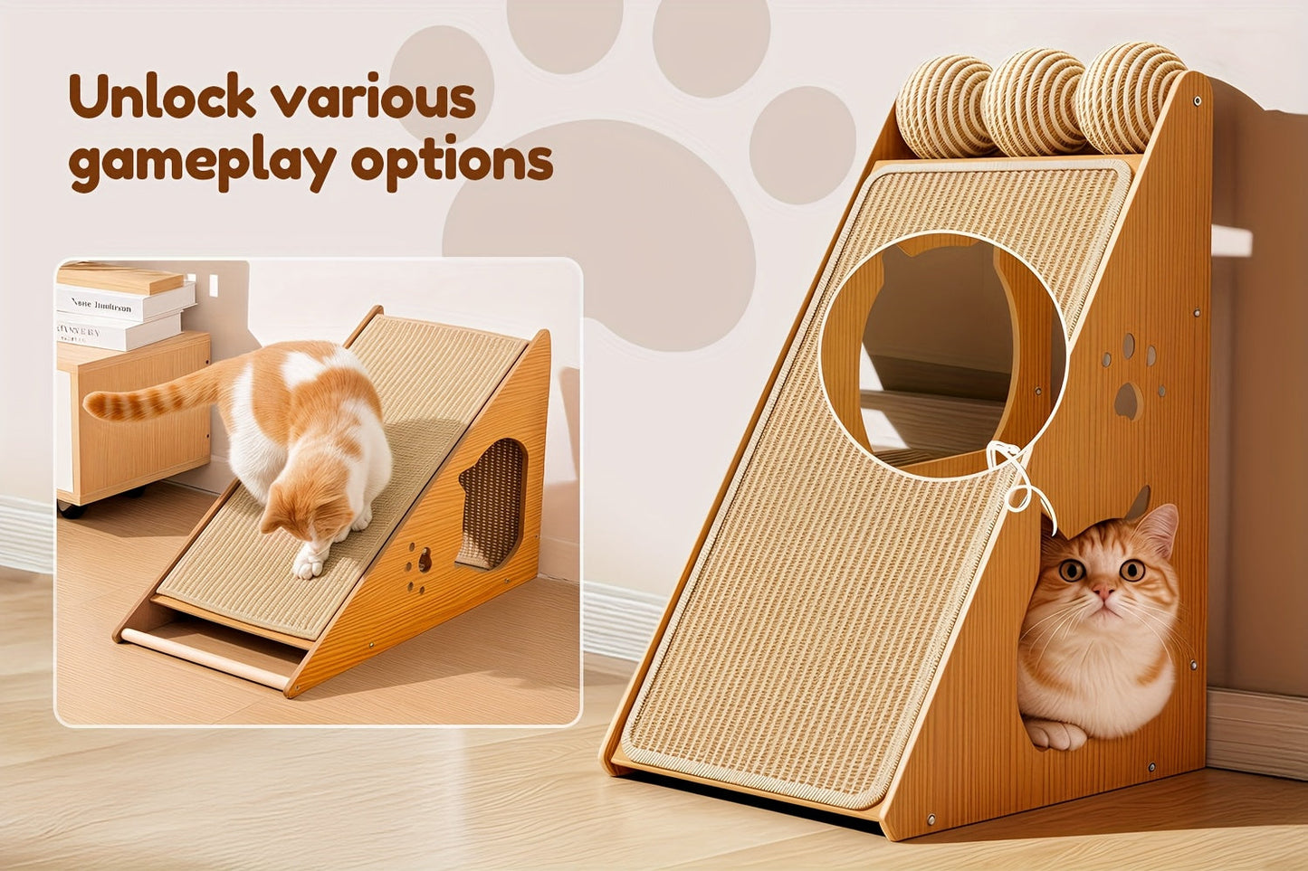 27 Inch Sisal Cat Scratching Board – Multi-Functional Wear-Resistant Cat Paw Pad Furniture Protector with 3 Teaser Balls, Easy Install, Indoor Cat Scratching Pad