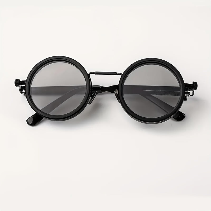 Industrial Punk Rotating Glasses – Black Round Frame with TAC Lenses & Adjustable Spring Temples, Vintage Steampunk Eyewear for Casual, Formal & Edgy Fashion Looks