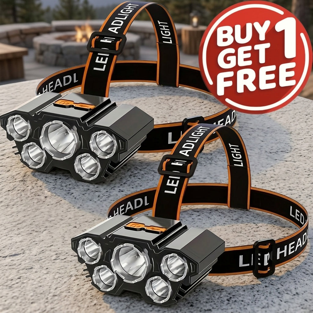 LED Headlamp 2-Pack Rechargeable USB Charging, 5 LED High Brightness IP65 Waterproof, 4 Modes Adjustable Head Flashlight for Running, Hiking, Camping, Car Repair & Home Improvement