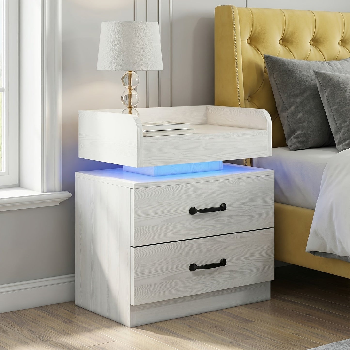 Nightstand with Charging Station & LED Lights – Modern Wooden Bedside End Table with Drawer & Storage, USB Charging Ports, for Bedroom & Living Room, Black or White, 1 or 2 Pack