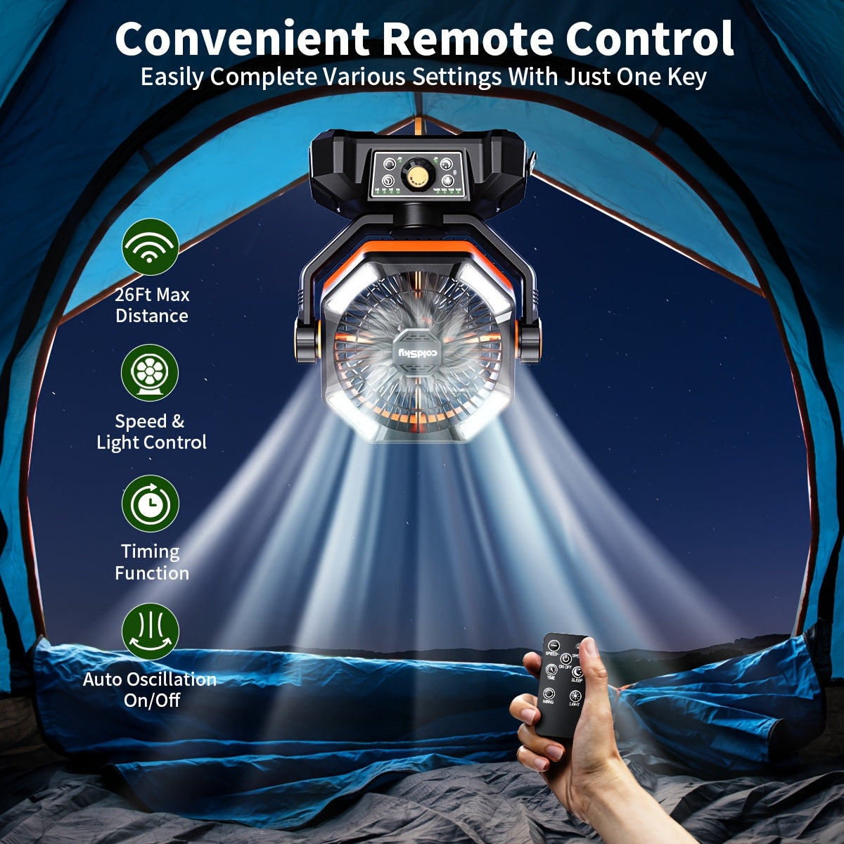 Rechargeable Camping Fan 20000mAh Battery Powered Dual Motor 8-Speed with Remote Control 4 LED Lanterns – Portable Outdoor Tent Fan with Hook for Camping Travel Power Outage Emergency