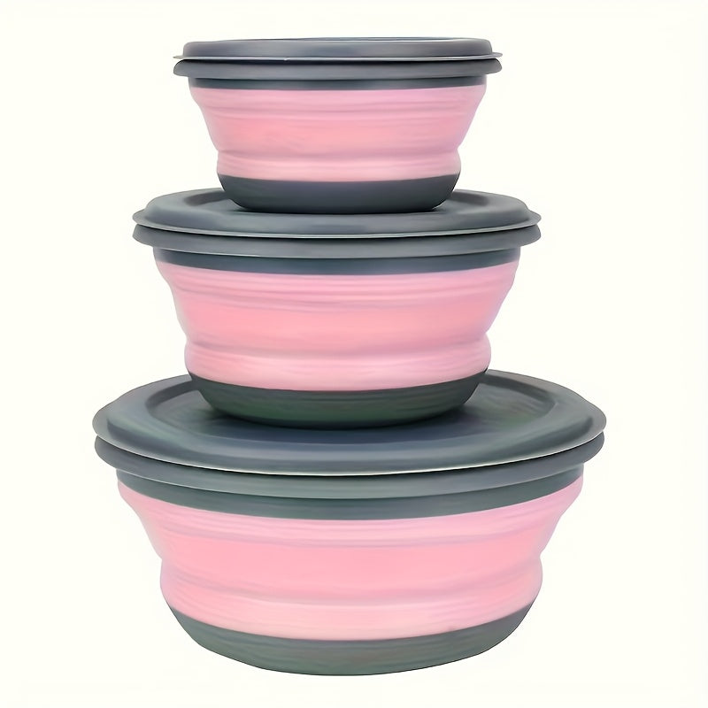 Collapsible Silicone Camping Bowls Set of 3 with Lids Folding Utensils and Storage Bag Stackable Portable Food Containers for Camping Hiking Travel Lunch Blue Pink