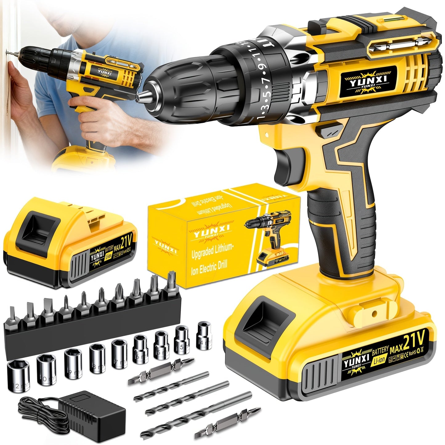 21V Cordless Impact Drill Set 2.0Ah Battery & Fast Charger with Work Light Speed & Torque Adjustment Electric Screwdriver Combo – Optional Storage Box for Car & Home Repair DIY Men's Gift