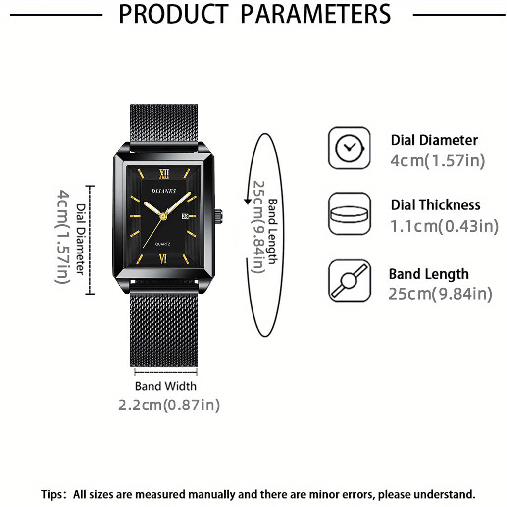 4pcs Men's Fashion Quartz Watch & Jewelry Set – Stainless Steel Strap Date Display Watch with Necklace Bracelet Ring, Business Casual Elegant Gift Set for Men in Gold Silver Black