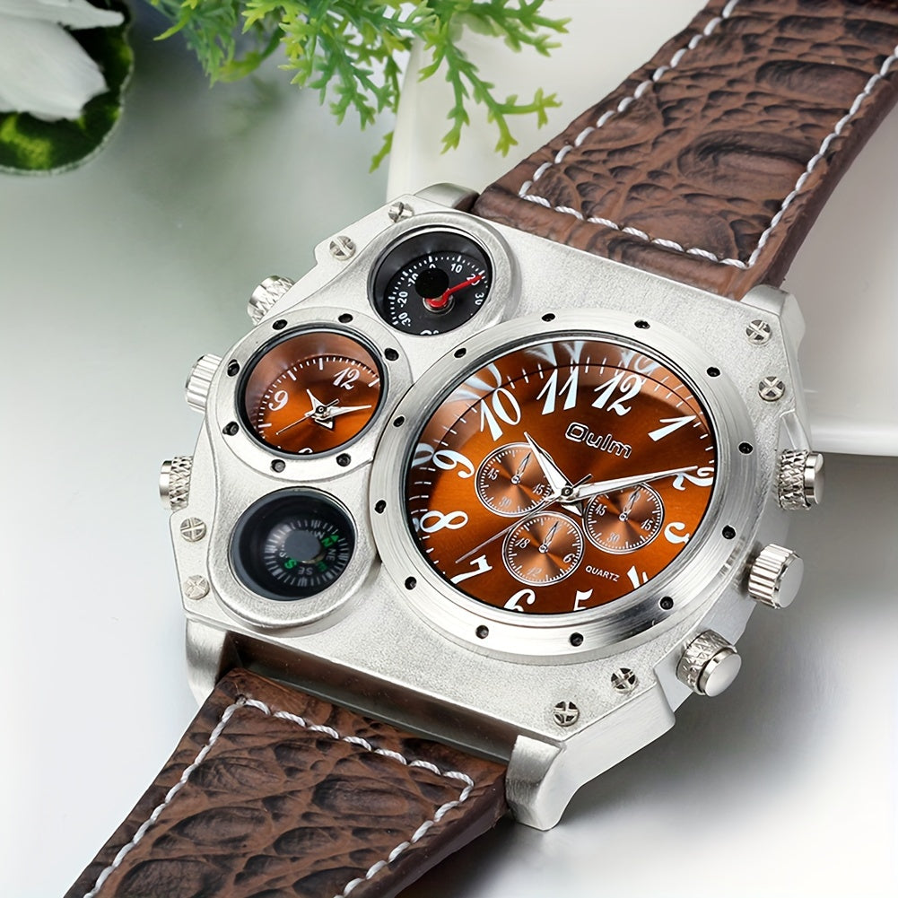 Men's Dual Time Zone Big Dial Quartz Watch – Faux Leather Strap, Luminous Hands, Stainless Steel Case, Casual Sports Wristwatch for Men, Perfect Gift