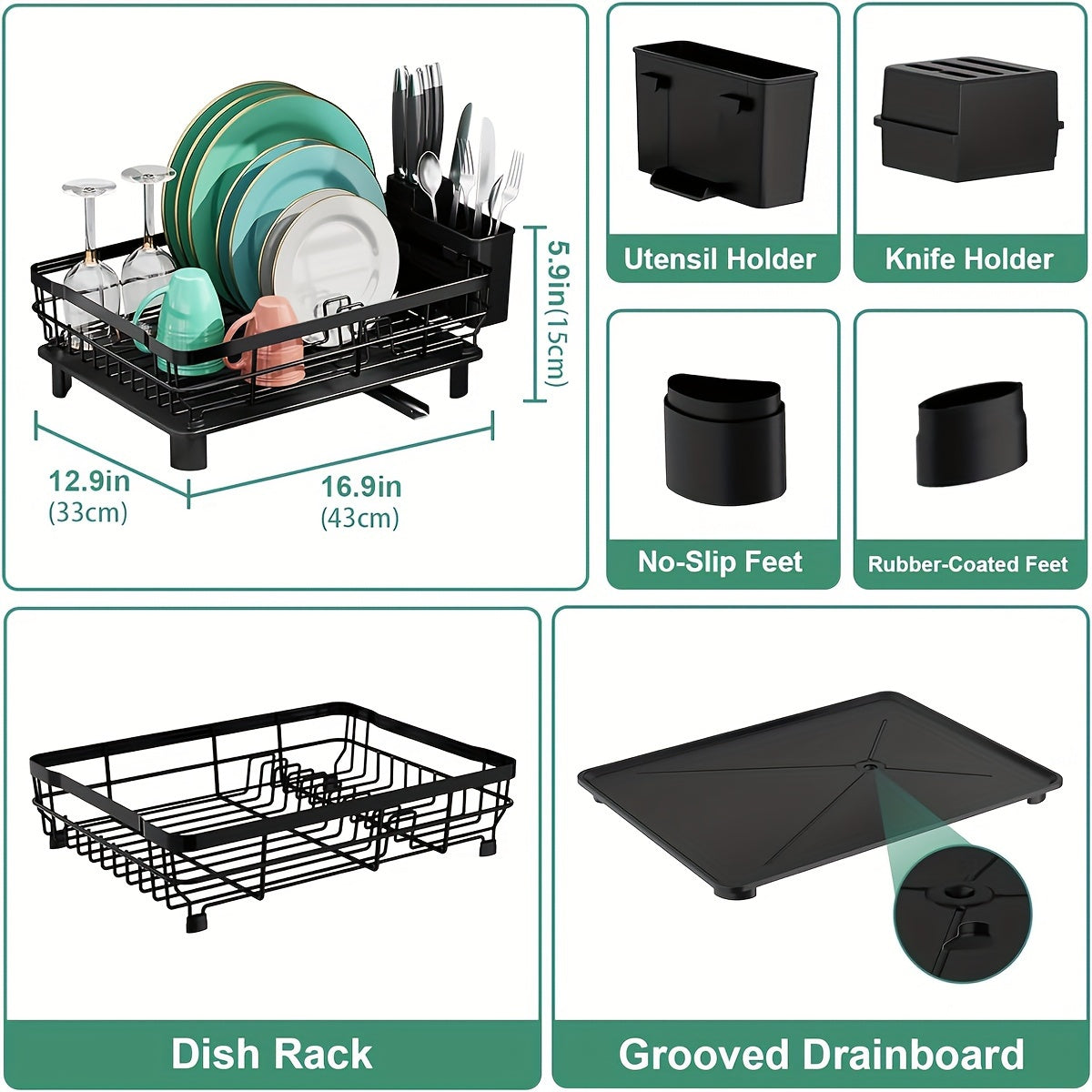 2-Tier Dish Drying Rack with Drainboard & Removable Utensil Holder – Large Capacity Dish Rack for Kitchen Counter, Sink-Side Drying Rack for Dishes, Cookware & Utensils – Space-Saving Design