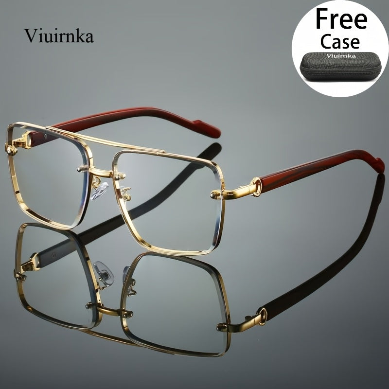 Square Fashion Glasses with Wood Grain Temples for Men Women – Double Beam Retro Design Gradient Lens Sunglasses Unisex for Driving Travel Street Photography Gift with Case
