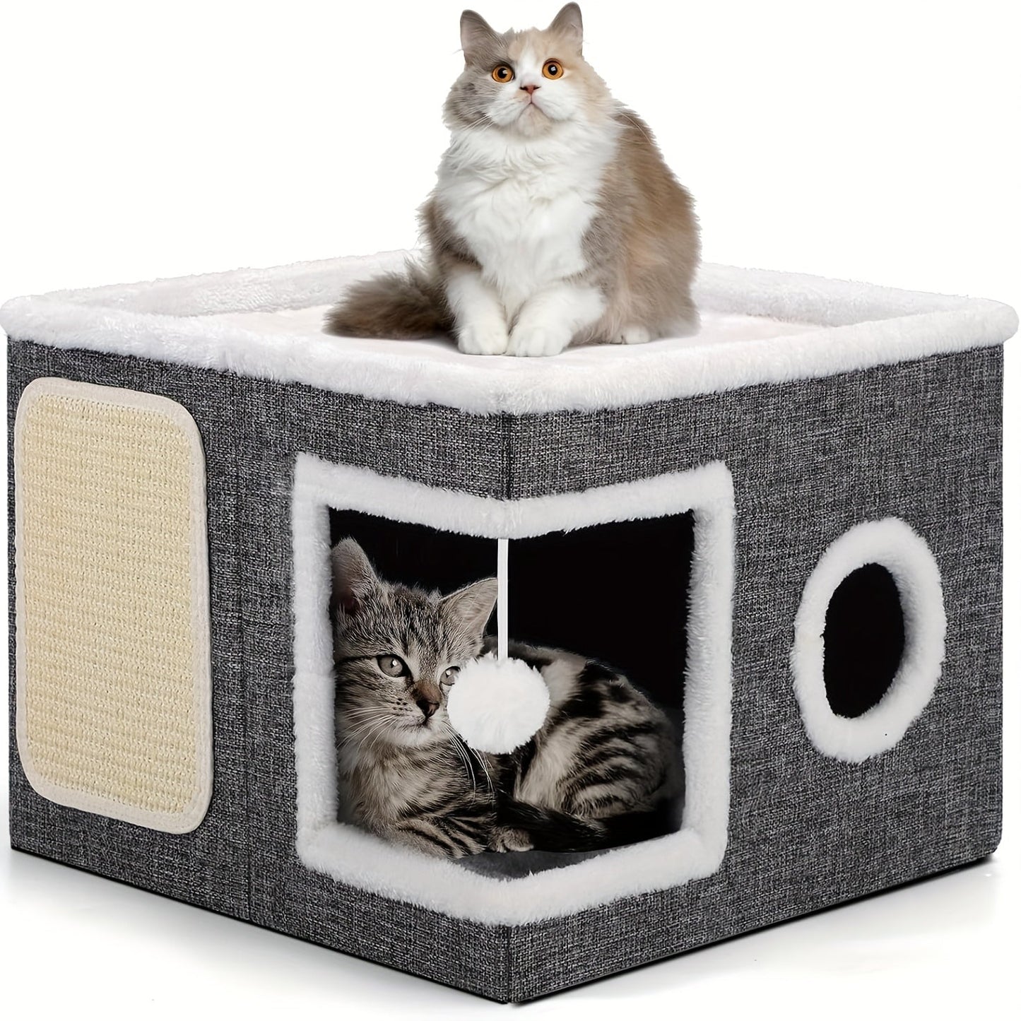 Foldable 2-Tier Cat House with Scratching Post, Plush Hanging Ball & Tunnel – Indoor Cat Cube Bed, Nylon Frame Canvas Construction, Space-Saving 16.5x16.5x13 Inch Design for Small Spaces