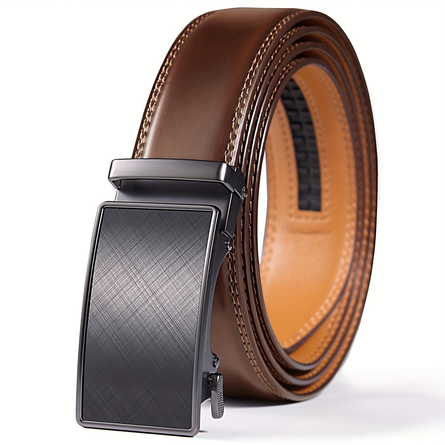 Men's Genuine Leather Ratchet Belt 35mm – Automatic Buckle No-Hole Adjustable Design with Gift Box, Sizes 28" to 52", Casual & Business Belt for Men in Navy Blue, Black, Brown