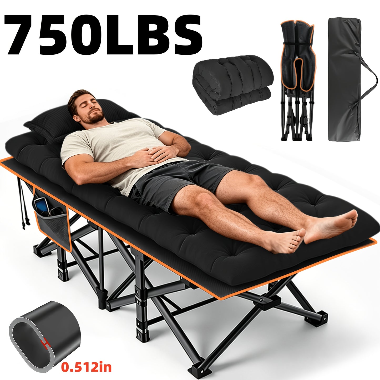 Extra Large Folding Bed with Mattress – 67"/75" Heavy Duty Camping Cot, 750 lbs Capacity, Portable Foldable Guest Bed for Adults, Travel, Camping, Gray & Black