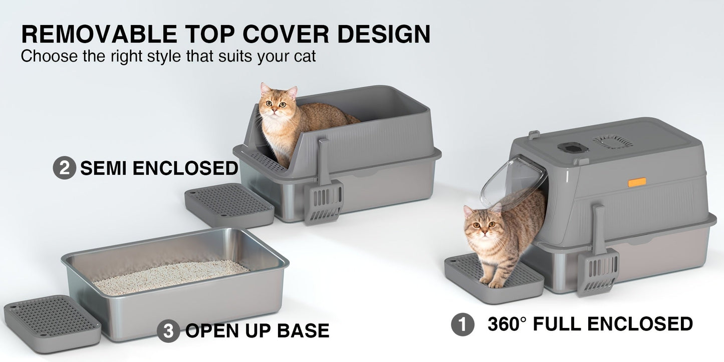 Oversized Enclosed Stainless Steel Cat Litter Box with Lid, Collapsible Anti-Splash Covered Indoor Cat Toilet with Front Flap Door & Superior Odor Control