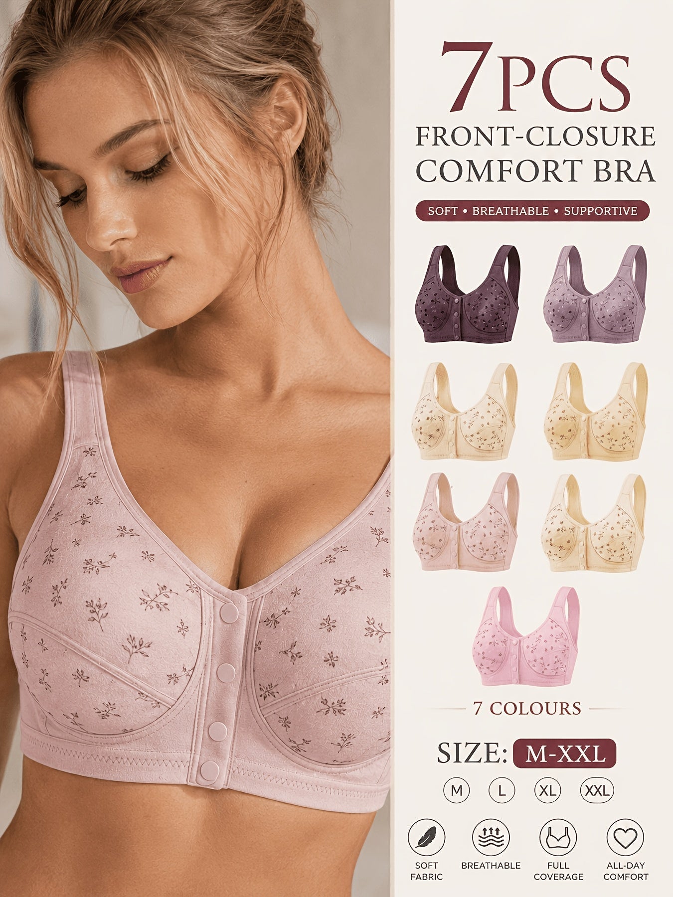 7 Pack Seamless Wireless Bra Set for Women – Soft Front Button Bralettes, No Underwire, Comfortable & Breathable for Daily Wear, Yoga, Travel & Festivals, Sizes S-XXL