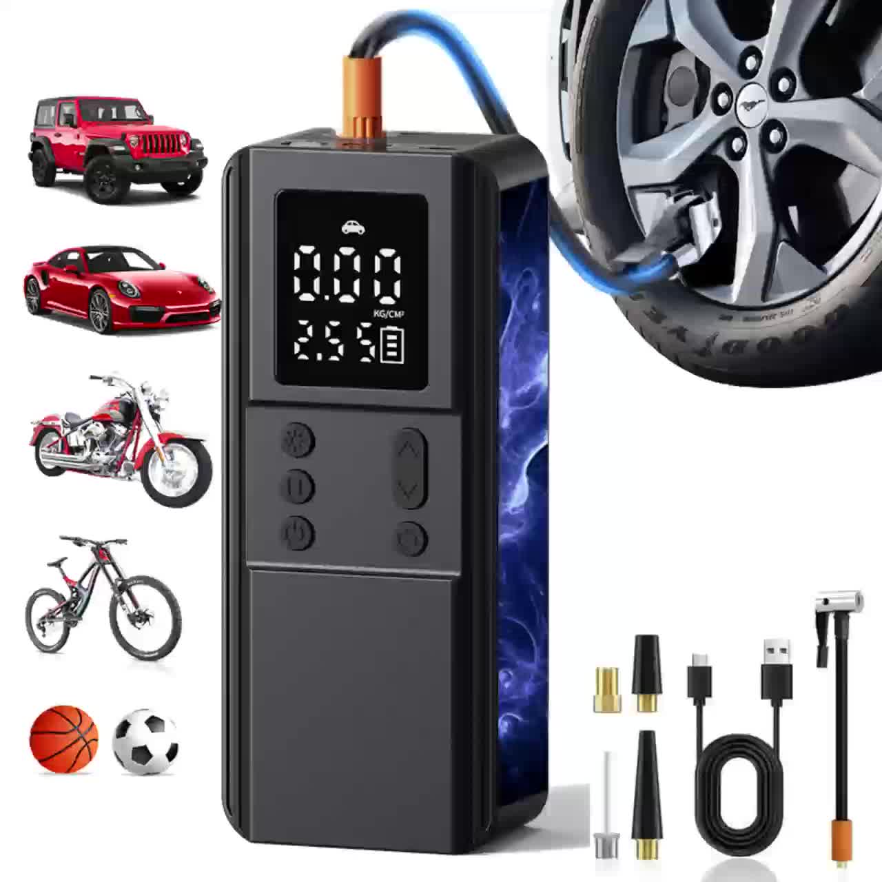 Portable Tire Inflator Air Compressor Pump for Car Tires, Bicycle, Motorcycle & Balls, Digital Pressure Gauge, Auto Shut-Off, USB & Cigarette Lighter Versions Available