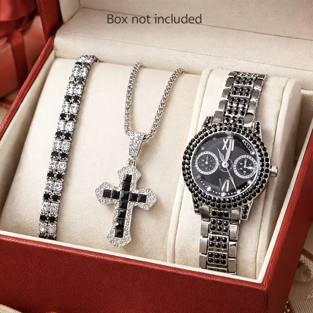 3pcs Women's Fashion Watch and Jewelry Set – Elegant Rhinestone Ring & Bracelet Watch Set, Stylish Gift for Women in Pink Red Silver, Perfect for Birthday Valentine's Day Anniversary